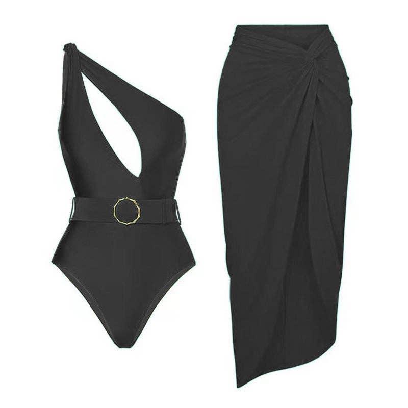 Solid Color One Shoulder One Piece Swimwear with Cover Y185