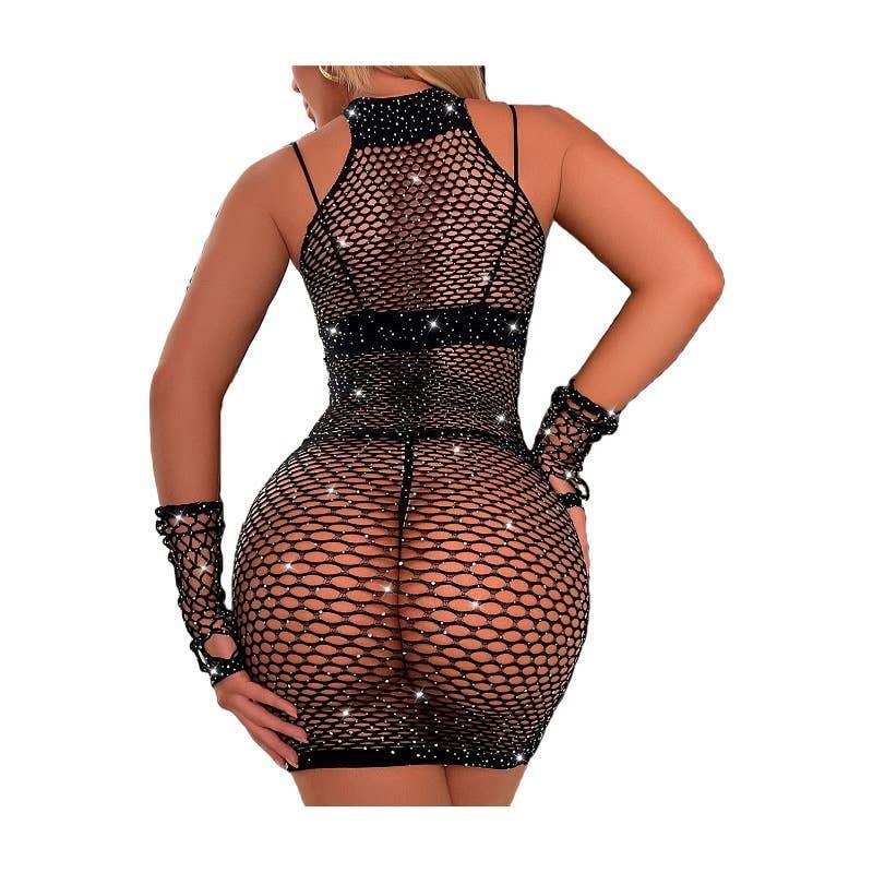Sparkle Fishnet Bodystocking Dress with Gloves T1046
