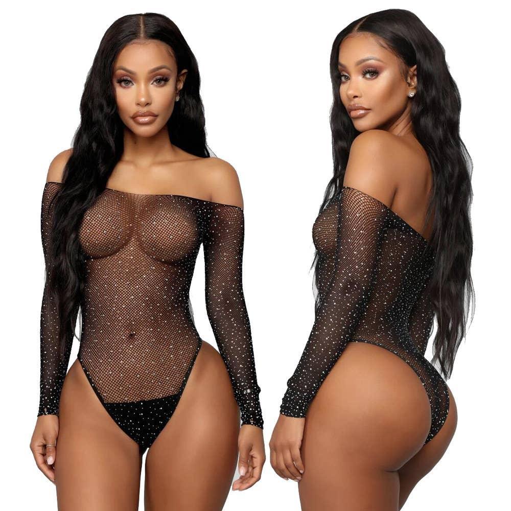Sparkle Fishnet Long Sleeves Teddy Lingerie Bodystocking