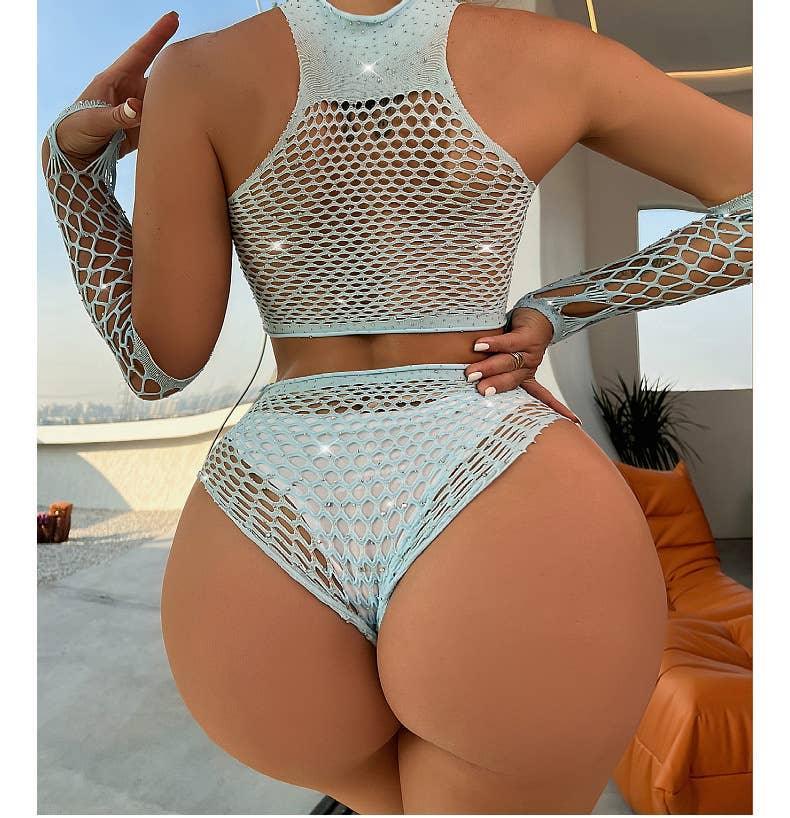 Sparkle Fishnet Off-Shoulder Bodystocking with Gloves T1039 Midie