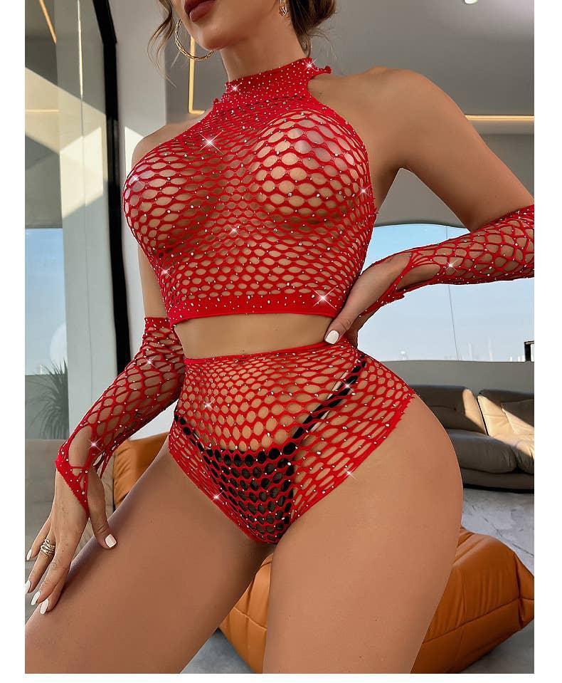 Sparkle Fishnet Off-Shoulder Bodystocking with Gloves T1039 Midie