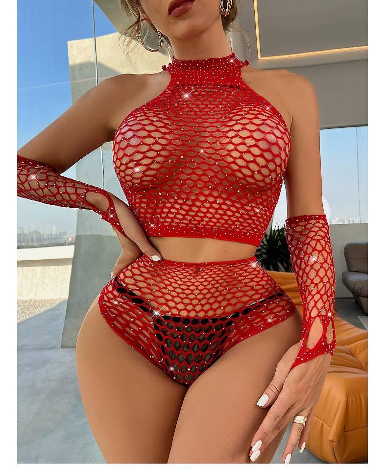 Sparkle Fishnet Off-Shoulder Bodystocking with Gloves T1039 Midie