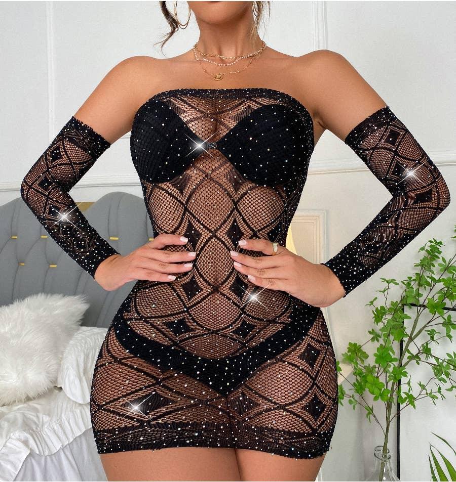 Sparkle Fishnet See Through Bodystocking Dress with Gloves