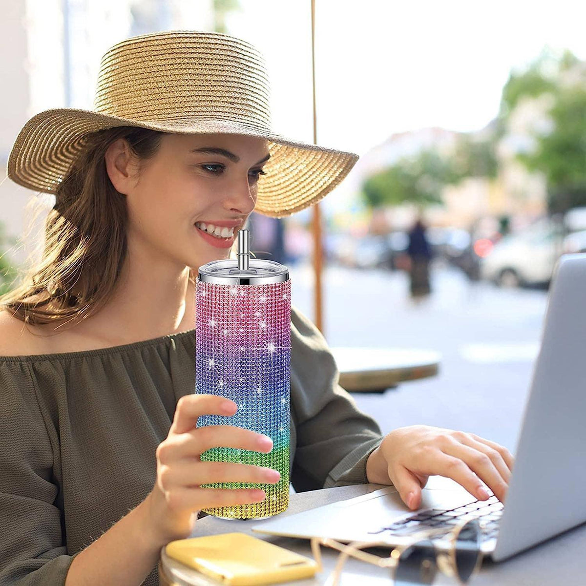 Sparkle Rhinestone Water Bottle 17oz with Straw