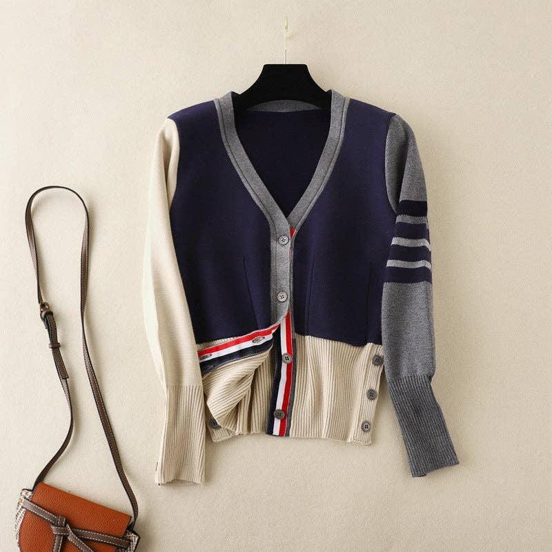 Splice V-Neck Single-Breasted Women Knit Cardigan