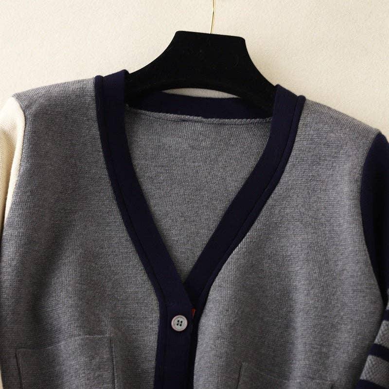 Splice V-Neck Single-Breasted Women Knit Cardigan