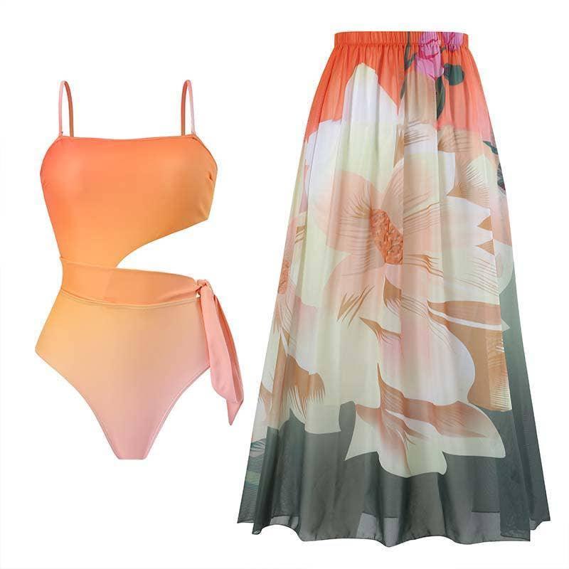 2 PCS Flower Print Swimsuit Bikini Set with Cover Y88