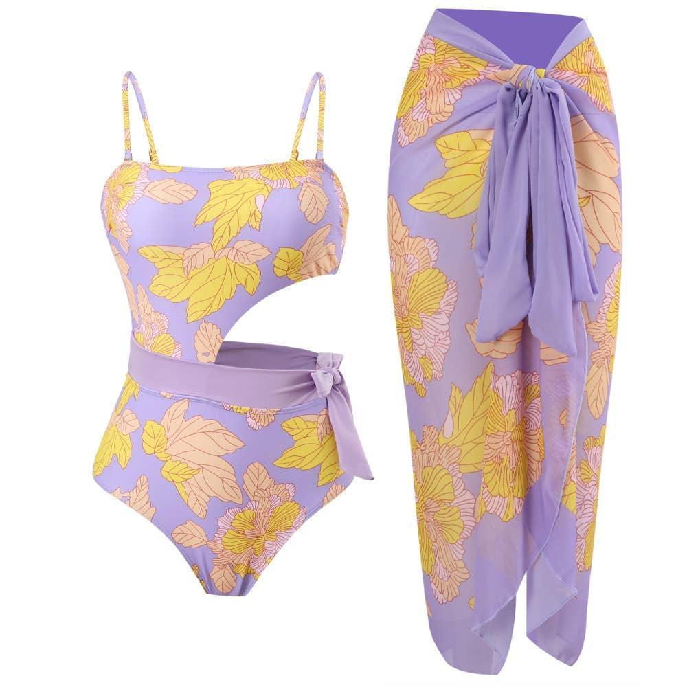 2 PCS Flower Print Swimsuit Bikini Set with Cover Y88