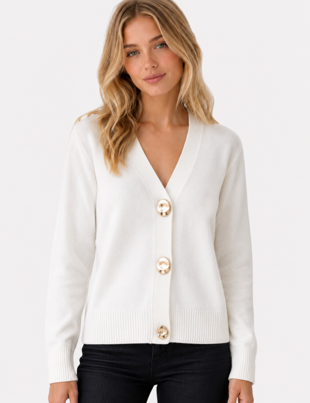 Ladies V Neck Gold Buttons Knit Cardigan Top