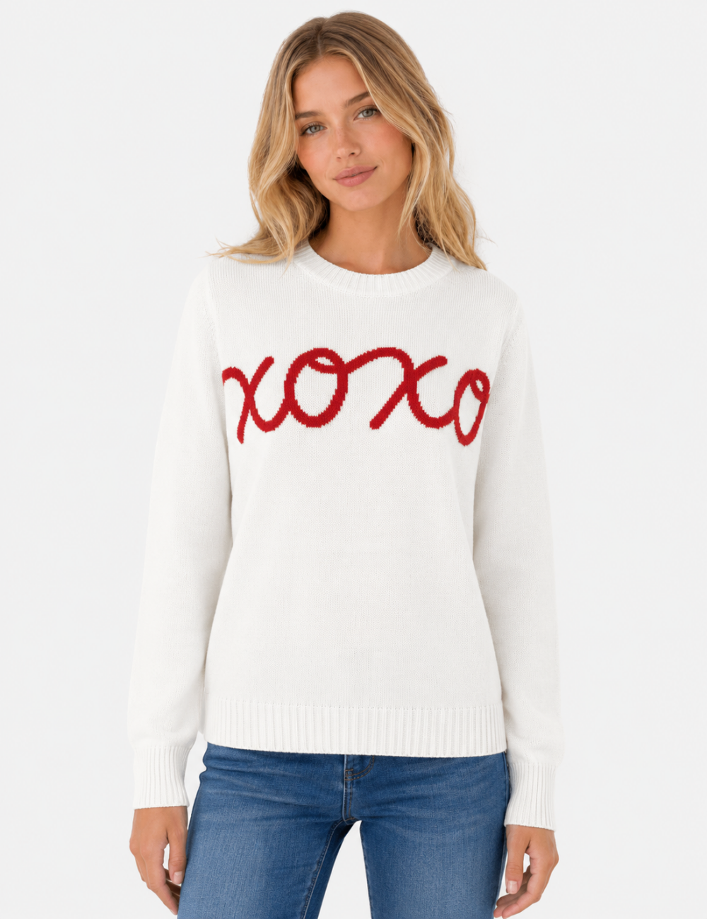 Ladies XOXO Letter Embroidery Crew Neck Knit Sweater