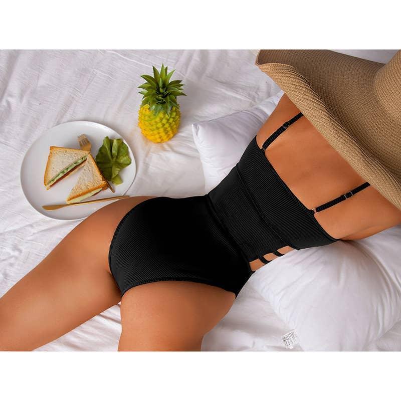 Wrinkle Solid Color Waist Cut Out One Piece Swimwear