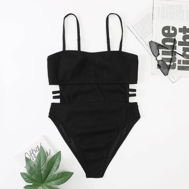 Wrinkle Solid Color Waist Cut Out One Piece Swimwear