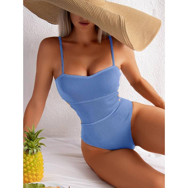 Wrinkle Solid Color Waist Cut Out One Piece Swimwear