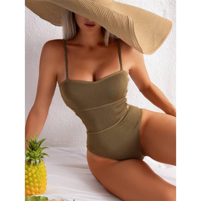 Wrinkle Solid Color Waist Cut Out One Piece Swimwear