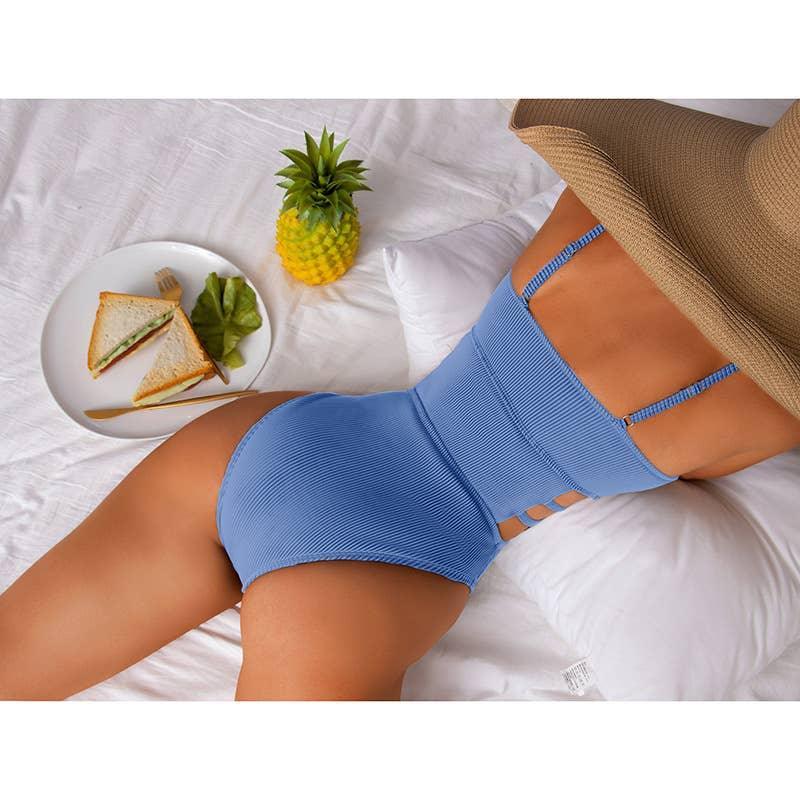 Wrinkle Solid Color Waist Cut Out One Piece Swimwear