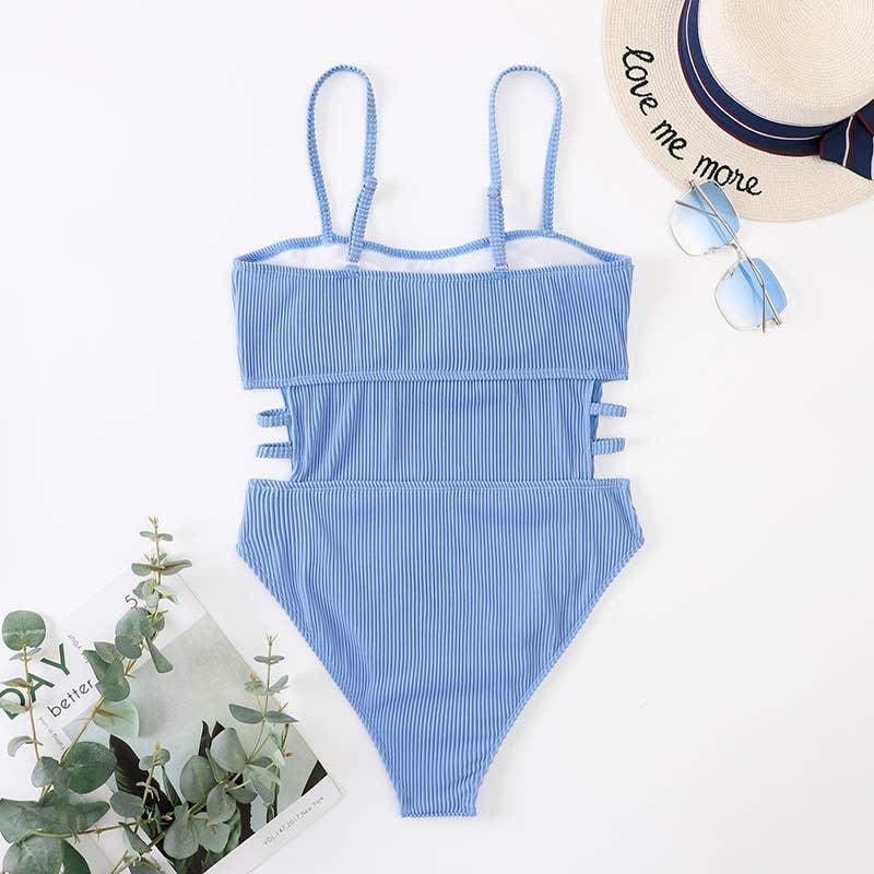 Wrinkle Solid Color Waist Cut Out One Piece Swimwear