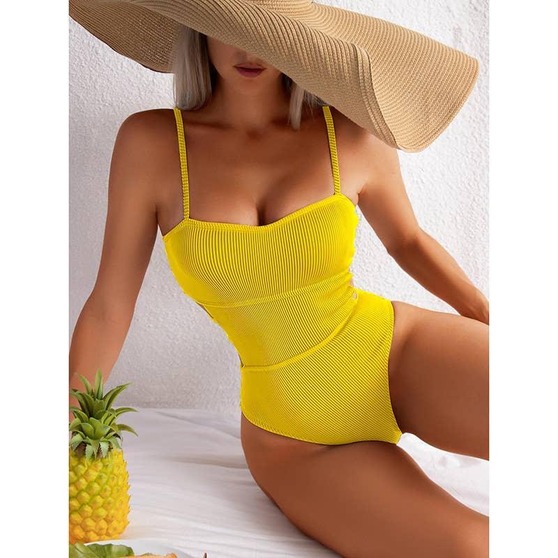 Wrinkle Solid Color Waist Cut Out One Piece Swimwear