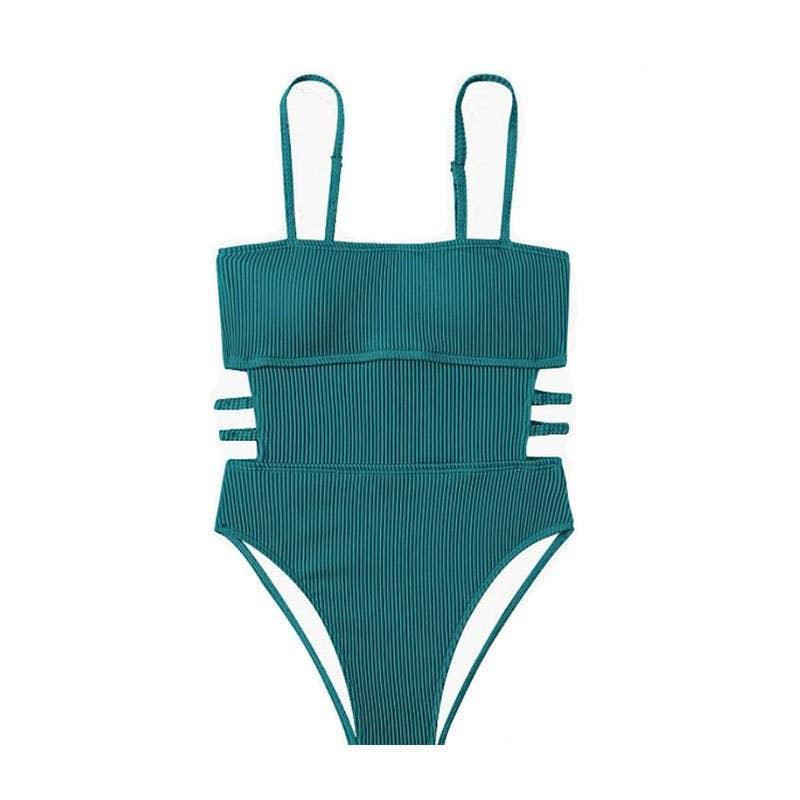 Wrinkle Solid Color Waist Cut Out One Piece Swimwear