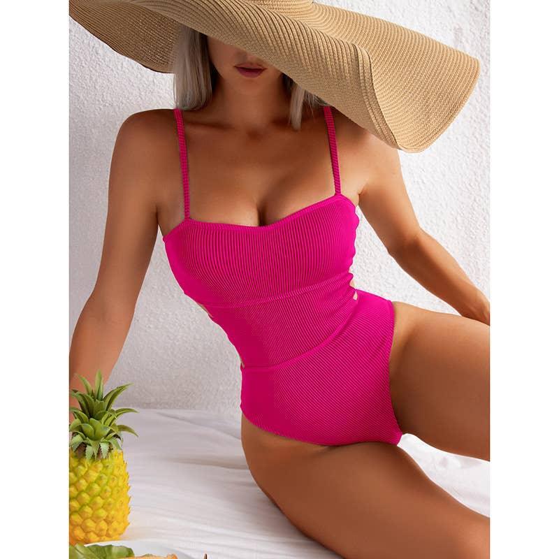 Wrinkle Solid Color Waist Cut Out One Piece Swimwear