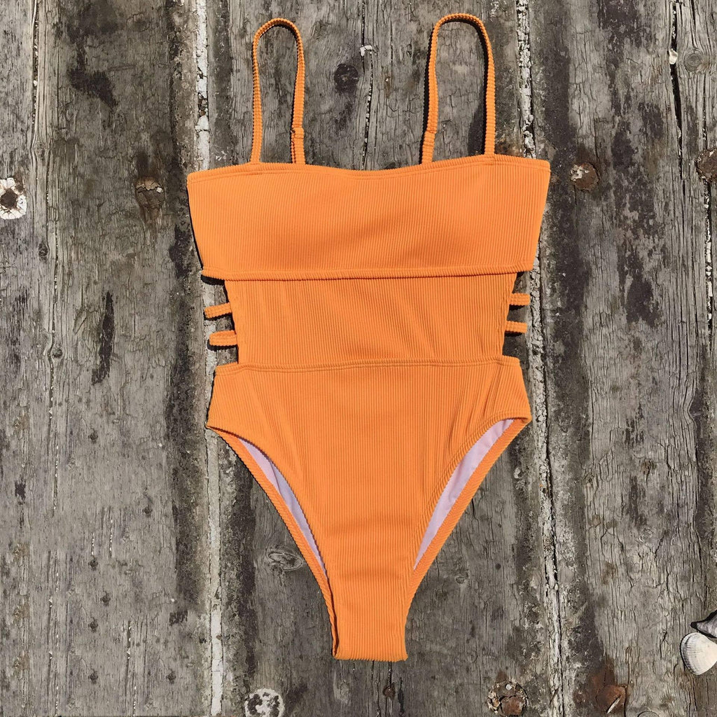 Wrinkle Solid Color Waist Cut Out One Piece Swimwear