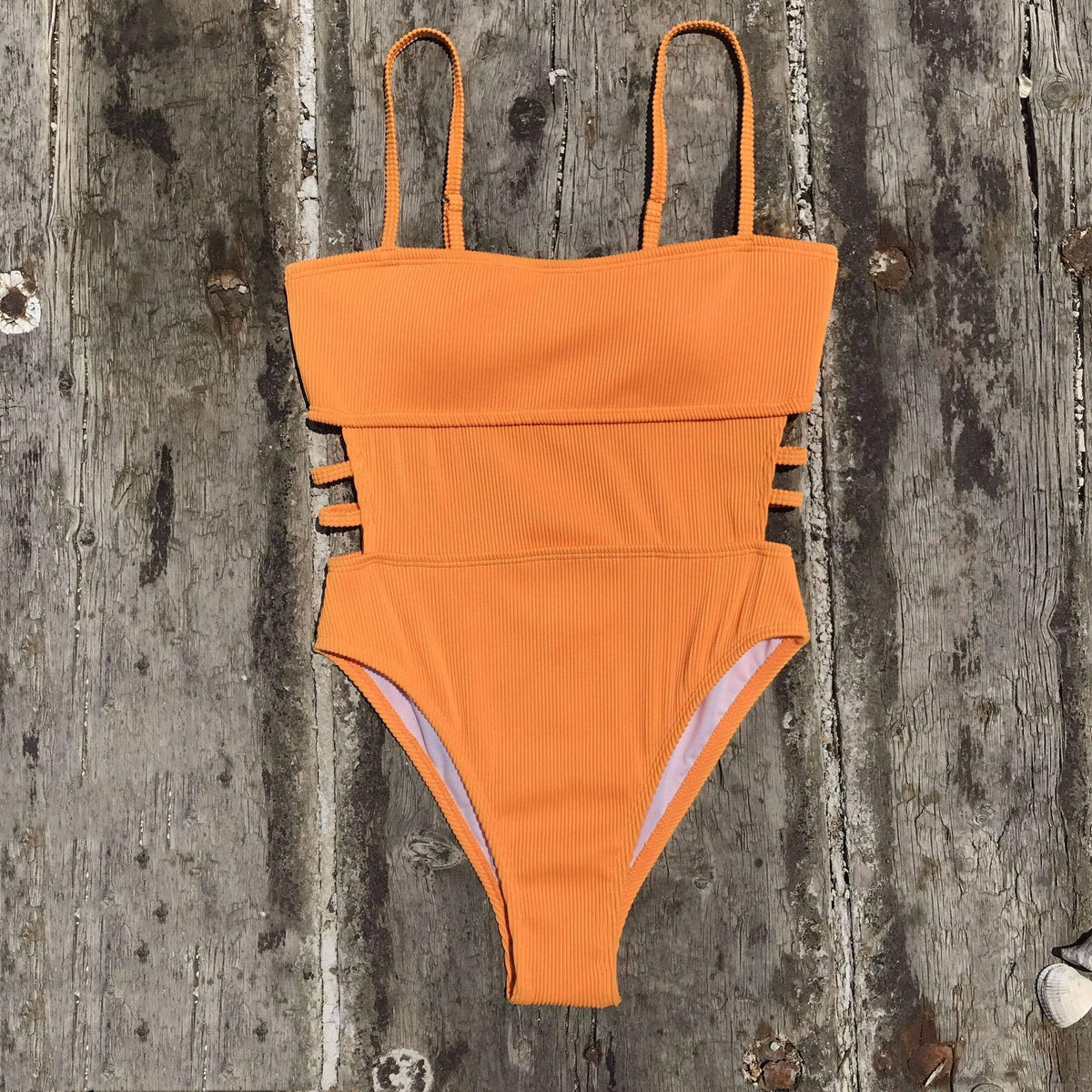 Wrinkle Solid Color Waist Cut Out One Piece Swimwear