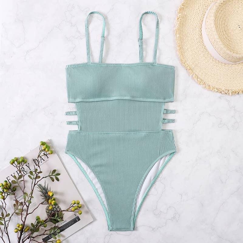 Wrinkle Solid Color Waist Cut Out One Piece Swimwear