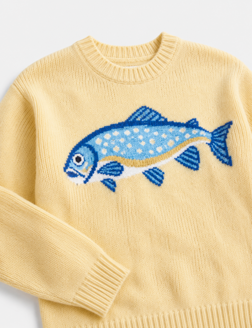 Ladies Fish Jacquard Crew Neck Cropped Knit Sweater