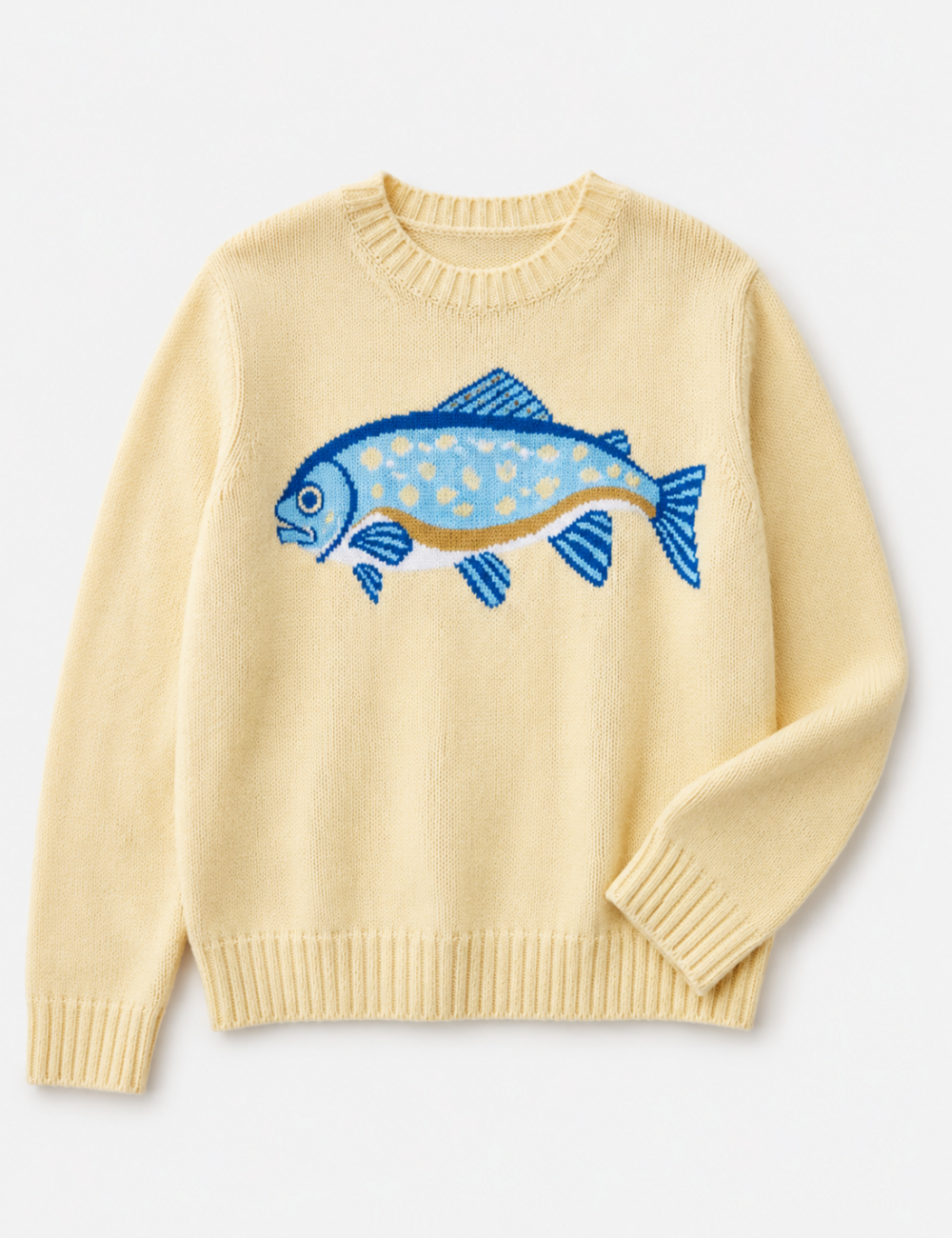 Ladies Fish Jacquard Crew Neck Cropped Knit Sweater