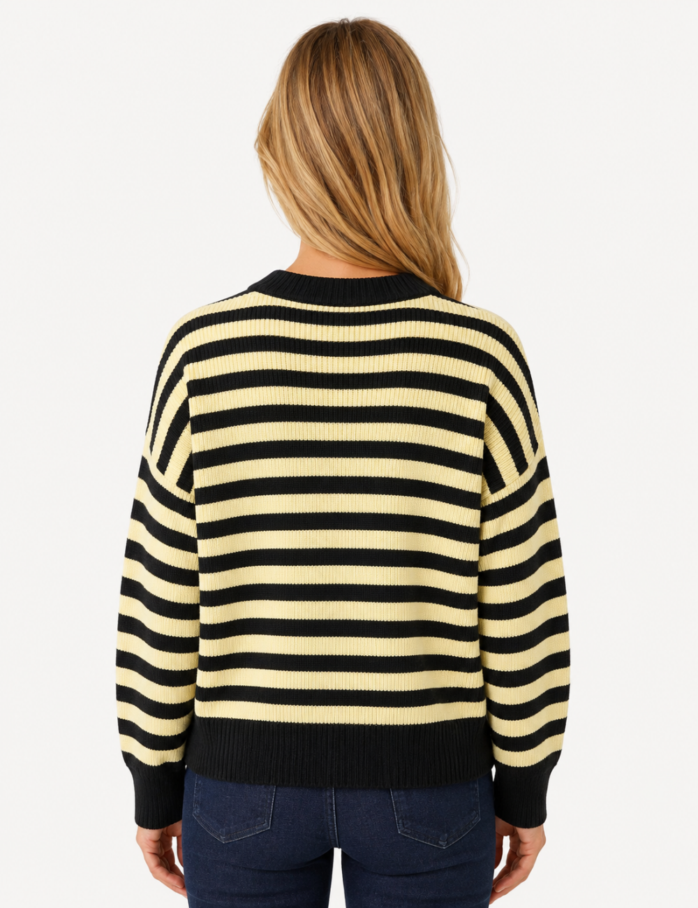 Ladies Horizontal Stripe Crew Neck Drop Shoulder Knit Sweater