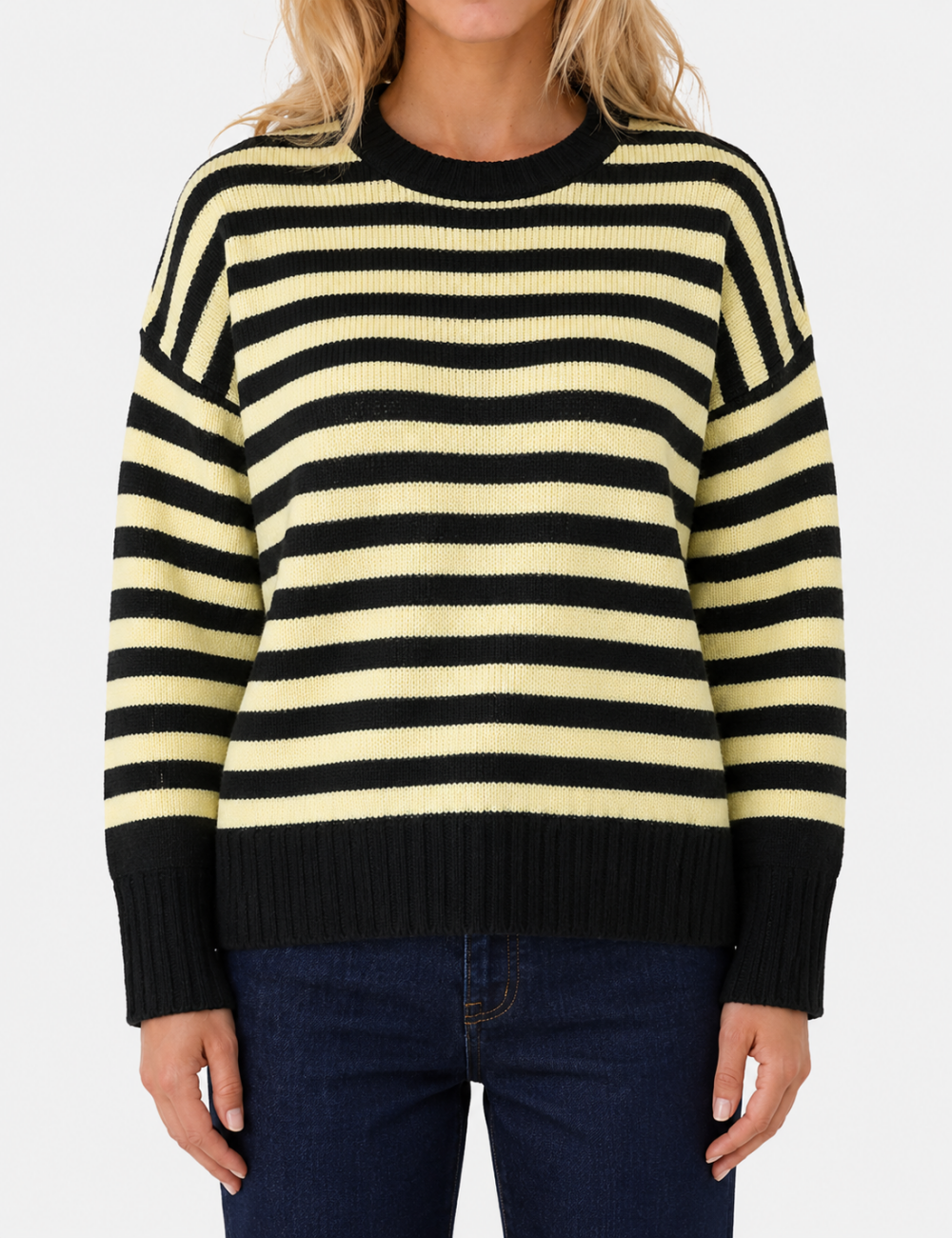 Ladies Horizontal Stripe Crew Neck Drop Shoulder Knit Sweater